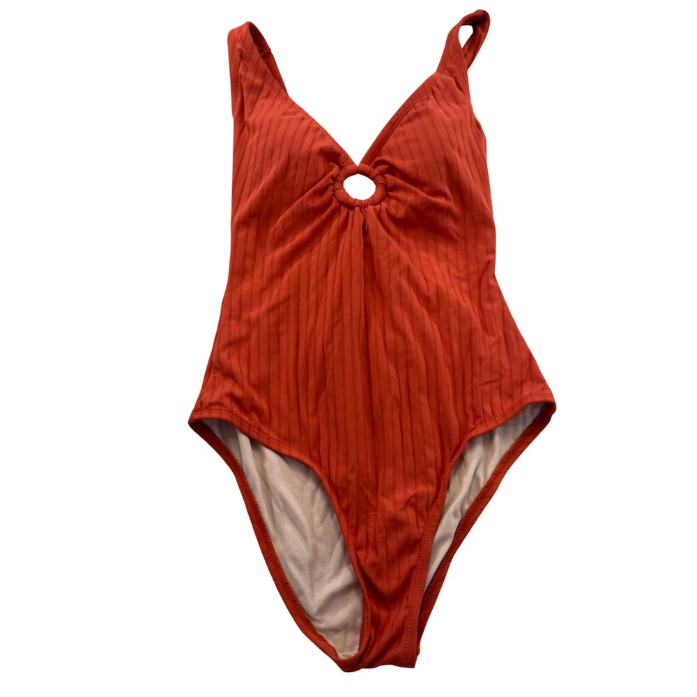 Kona Sol Ribbed O-Ring VNeck Cross Back Tie One Piece Swimsuit Burnt Orange Sz M
